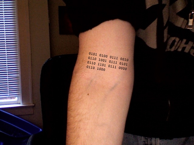 This tattoo is written in binary (a number system in which the only 